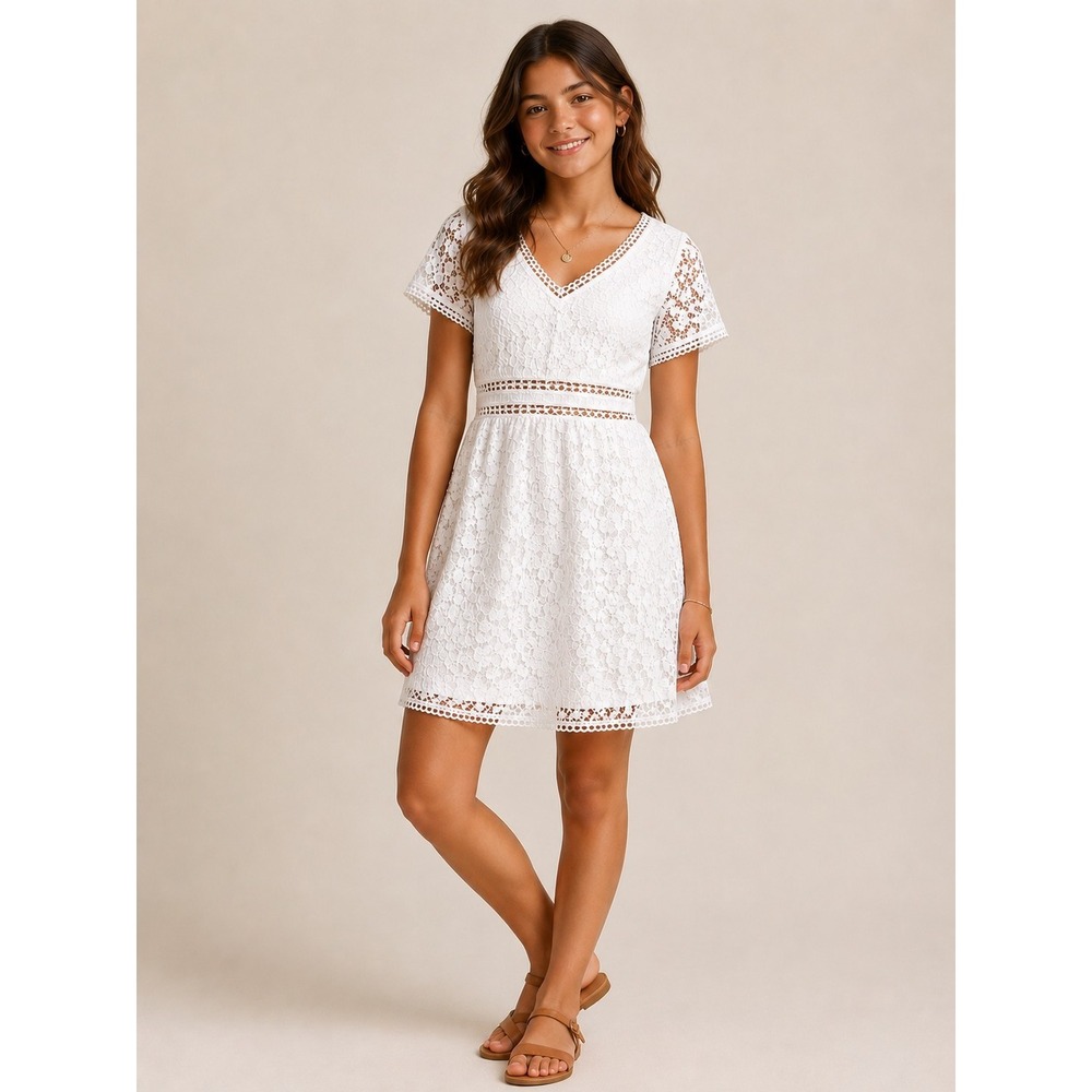 Fashion Union White Crocheted Short Sleeve Dress Size 8 Junior